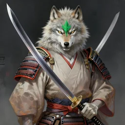 masterpiece painting of a Kimono wearing Japanese Armored Werewolf, angry wolf face, green emerald on forehead, with a large Katana, light grey fur, featured in artstation, concept art by Greg Rutkowski, WLOP, Dan Mumford, Christophe Vacher