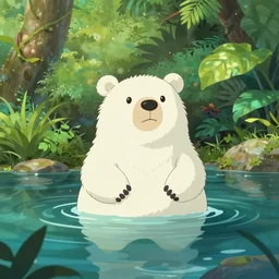 a white bear floating in a pond, surrounded by a lush jungle, sunny day, cell shaded, beautiful lighting, animation, ghibli, pixar, disney