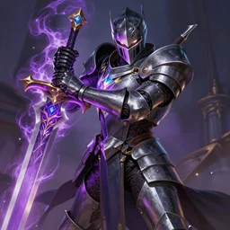 fierce robot knight holdin magical sword, purple energy, highly detailed, d & d, fantasy, highly detailed, digital painting, trending on artstation, concept art, sharp focus, illustration, global illumination, ray tracing, realistic shaded, art by artgerm and greg rutkowski and fuji choko and viktoria gavrilenko and hoang lap