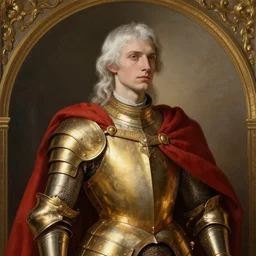 a young adult masculine man with thin face lines and white hair, wearing a golden dark armor with a scarlet cape, emperor, grandiose portrait, epic, noble, elegant, ethereal, magalie villeneuve, greg rutkowski, jeremy mann and claude monet, intricate, deep focus, renaissance digital painting, 4 k