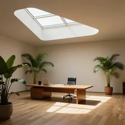 minimalist midcentury office interior by frank lloyd wright, skylights, plants, warm palette, stylized