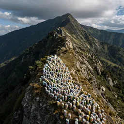 photograph of a mountain of mountain dew cans, lots of mountain dew cans, wide angle, drone shot
