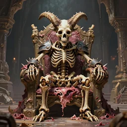 A little vibrant. A spiked horned detailed car skeleton with armored joints stands in a large cavernous throne room with. Extremely high details, realistic, fantasy art, solo, masterpiece, bones, ripped flesh, colorful art by Zdzisław Beksiński, Arthur Rackham, Dariusz Zawadzki, Harry Clarke