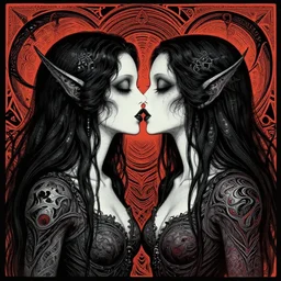 two eldritch women abominations of unimaginable horror kissing each other by h. r. giger and junji ito, speculative evolution, op art with big bold patterns