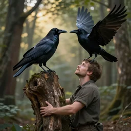 !! werecreature consisting of male human and crow, photograph captured in a forest