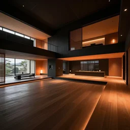 real estate photo of the interior of a futuristic japanese house, dramatic lighting, black and orange colour palette, wide angle shot