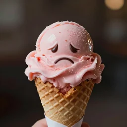 photo of a depressed pink ice cream cone, ice cream with a sad face
