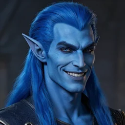 a portrait of a man with blue skin, buff, elegant, pointed ears, chiseled jaw, smiling, handsome man, long blue hair on top, short hair on sides, style by donato giancola, wayne reynolds, jeff easley dramatic light, high detail, cinematic lighting, artstation, dungeons and dragons