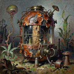 Surrealist acryl painting 'Steampunk time machine from the era of spiritual transhumanism made of tattered leather, rotten wood, frayed twine, fur scraps and rusty iron among alien plants', Frank Frazetta, HD, Artstation.