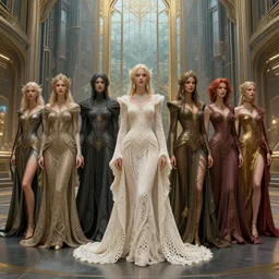 a group of rich fantasy crearures with various, elaborate, intricate, silken, flowing, crocheted, gowns and robes, well dressed, stand in a cyberpunk, art nouveau hall, steel architecture, large glass windows, gold, well lit, high fantasy, octane render, beautiful painting, trending on artsstation
