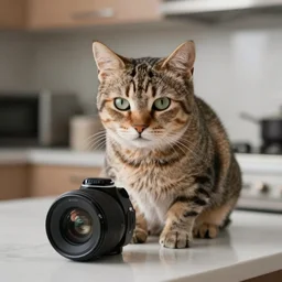Cat looking disappointed, on kitchen table, 40nm lens, shallow depth of field, split lighting, 4k,