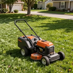 a carrot pushing a lawnmower across a tidy suburban lawn made of meat.