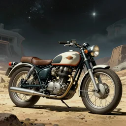 vintage classic motorcycle, moebius and ralph mcquarrie style, retro sci - fi, blade runner 2 0 4 9, pulp sci - fi, technical illustration, star wats