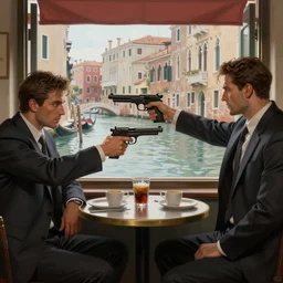 two criminals in suits pointing pistols at each other in a cafe in venice, window overlooking venice canals, digital painting, amazing detail, sharp, intricate, smooth, realistic faces, artstation, in the style of greg rutkowski and artgerm