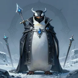 anthropomorphic evil penguin wearing dark clothes, icy landscape, weapons, dnd, mystical, large front portrait, character, fantasy, intricate, elegant, digital painting, artstation, concept art, smooth, 8 k frostbite 3 engine, ultra detailed, art by artgerm and greg rutkowski and magali villeneuve