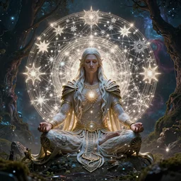a male druid made of an illuminated star chart meditating in a nebula forest by greg rutkowski, high key lighting, volumetric light, digital art, highly detailed, fine detail, intricate, ornate, complex, octane render, unreal engine, photorealistic