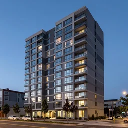 an apartment building at 9pm
