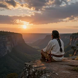 an indigenous man sitting at the top of a cliff, looking down at the valley, doing a vision quest, beautiful sunset, art by charlie bowater