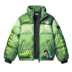 concept art of a big puffer jacket with caterpillar patterns, green swallowtail caterpillar inspired japanese street fashion, gapmoe yandere grimdark, trending on pixiv fanbox, painted by greg rutkowski makoto shinkai takashi takeuchi studio ghibli, akihiko yoshida
