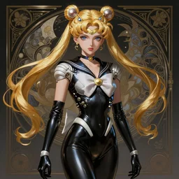 genetically augmented super soldier Sailor Moon as a male, pale skin curly blond hair, black latex bodysuit with glowing cybernetics, fantasy, intricate, elegant, highly detailed, digital painting, artstation, concept art, matte, sharp focus, illustration, art by Artgerm and Greg Rutkowski and Alphonse Mucha