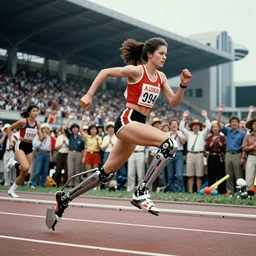 Female athlete sprinter in a race with cyborg legs while the audience cheers, vintage footage, 1980's, cinematic stillframe, diesel punk, art deco stadium, artstation, contrasty, athlete photography, f/1.4, otomo manga, akira
