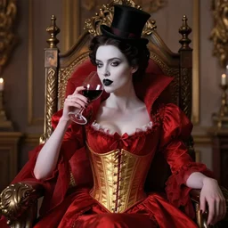 portrait of the queen of vampires drinking a cup of wine in her throne room, crimson victorian dress, golden corset, small top hat, pale skin, black lipstick, black eyes, bob haircut, dnd, high fantasy, highly detailed, detailed face, grayscale, black and white manga illustration, by artgerm, greg rutkowski, alphonse mucha
