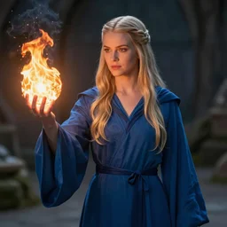 Who : a mage with a blue robe casting a fire ball; Physical : Beverly Paige exact same body ; IMPORTANT : Hearthstone official splash art, award winning, trending in category \'high details\'