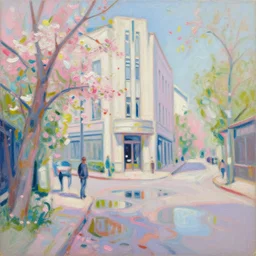 acrylic painting, impressionism and expressionism, strong emotional impact, bold pastel colors, spring day, expressive brushstrokes, puddles, an art deco streetscape lined with beautiful flowers, by liam wong and tyler edlin, trending on artstation