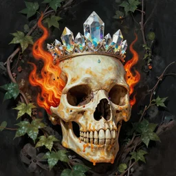 fire skull inspired by René Laloux,Dan Mumford,crystal crown, paint dripping effect,ivy,overgrown