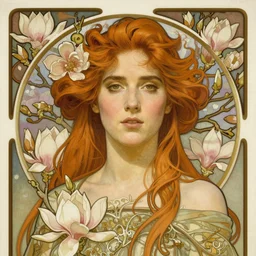 realistic detailed Art Nouveau lithograph front-facing portrait of Jennifer Connelly surrounded by blossoming magnolia branches by Alphonse Mucha and Mark Brooks with elaborate frame border