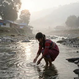 a village girl from nepal, taking a bath in the river, early foggy morning, sunlight coming through
