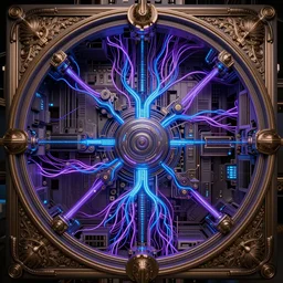 inside computer, ornate and intricate, by greg rutkowski, by anton fadeev, by rhads, by midge sinnaeve, 4 k, cyber punk style, glowing blue veins, purple glowing wires