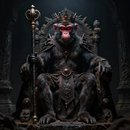 monkey king godly lord of monkeys, wearing a crown, holding a staff, sitting in throne, dark lighting, dim lightning, red eyes, gothic dark style, black background, dark room, dusty old ruins 8 k render high detail