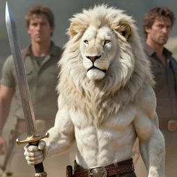 commission of a male anthropomorphic albino lion holding a sword,digital art,art by greg rutkowski,trevor henderson,ross tran,photorealistic,hyperdetailes,highly realistic,natural lighting,deviantart,artstation,dramatic,cinematic,4k,western comic style,sharp lineart,hard shadows