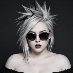 realistic high key portrait photo of a beautiful chubby curvy pale alabaster goth girl with asymmetrical punk rock hair and badass euro design sunglasses hiding a secret. half portrait by stanley artgerm, dramatic lighting, by nagel, shin jeongho, nick silva and ilya kuvshinov, deviantart, detailed character design, 8 k resolution