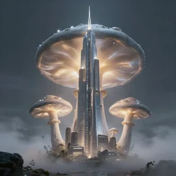 futuristic skyscraper in the shape of a mushroom from a foggy ground. fantastical, elaborate, dynamic light, detailed digital art trending in artstation
