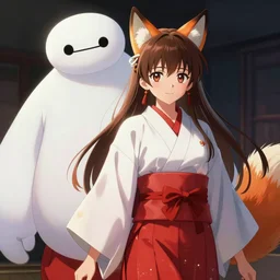 Anime Illustration, pixiv, a Baymax and a fox-eared girl dressed in traditional Japanese white and red