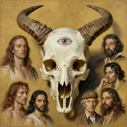 human skull with horns and three eyes artists anatomy in the style of wayne barlowe, gustav moreau, goward, bussiere, roberto ferri, santiago caruso, luis ricardo falero, dali