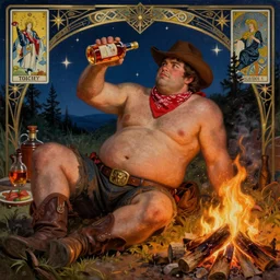 a dramatic, epic, ethereal painting of a !!handsome!! thicc chunky beefy mischievous shirtless with a big beer belly wearing a large belt and bandana offering a whiskey bottle | he is a cowboy relaxing by a campfire | background is a late night with food and jugs of whisky | homoerotic | stars, tarot card, art deco, art nouveau, intricate | by Mark Maggiori (((and Alphonse Mucha))) | trending on artstation