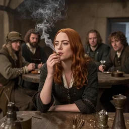 emma stone smoking weed in an medieval tavern, epic composition, 2 0 0 mm focal length, donato giancola, tim hildebrandt, wayne barlow, bruce pennington, larry elmore