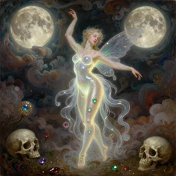 concept art of translucent glowing curvy fairy dancing booty, renaissance, flowy, melting, round moons, rich clouds, very detailed, volumetric light, mist, fine art, textured oil over canvas, epic fantasy art, very colorful, ornate intricate scales, skulls, fractal gems, 8 k, hyper realistic, high contrast