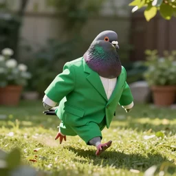 a chonky pigeon in a green screen suit runs around in the backyard