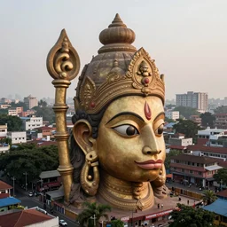high quality photo dreamscape! mumbai with biomorphic hanuman!! head building, kalighat, octane highly detailed, cinematic smooth, stephen shore & john j. park, soft morning light, wide shot, high angle, uhd 8 k, deep focus
