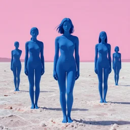 blue statues of women a salt flat in a dessert with pink light on the horizon, by moebius, edward hopper and james gilleard, zdzislaw beksinski, colorful flat surreal design, hd, 8 k, artstation by magali villeneuve and william bouguereau, 4 k, epic composition