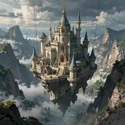 an immense floating castle, in the midst of high mountains, hanging by chains, inside a gorge, below only cloud dark void, 8k resolution, by Tatsuyuki Tanaka, artstation trends