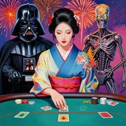 hyperrealism composition of the detailed woman in a japanese kimono sitting at an extremely detailed poker table with darth vader, terminator, fireworks on the background, pop - art style, jacky tsai style, andy warhol style, acrylic on canvas