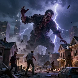 huge zombie destroying houses in new york. Hyperrealistic, intense lightning, octane render, unreal engine 5 render