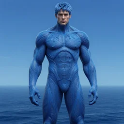 full body portrait of aaron taylor johnson as a titan. blue toag. ocean background. detailed face, concept art, intricate, highly detailed 8 k, smooth, sharp focus, handsome and aesthetic shape of face and body, artgerm, artstation, art by zexi guo and nira and junpei suzuki and gharliera and rinotuna