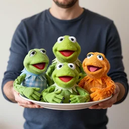 a man holding a dinner plate full of muppets