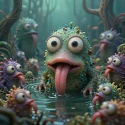 of an intricate murky microscopic swamp with strange cute pudgy creatures with huge eyes, long tongue and big nose appearing from the waters, in the style of jeff koons, macro lens, shallow depth of field, highly detailed, digital painting, trending artstation, concept art, illustration, cinematic lighting, vibrant colors, photorealism, epic, octane render